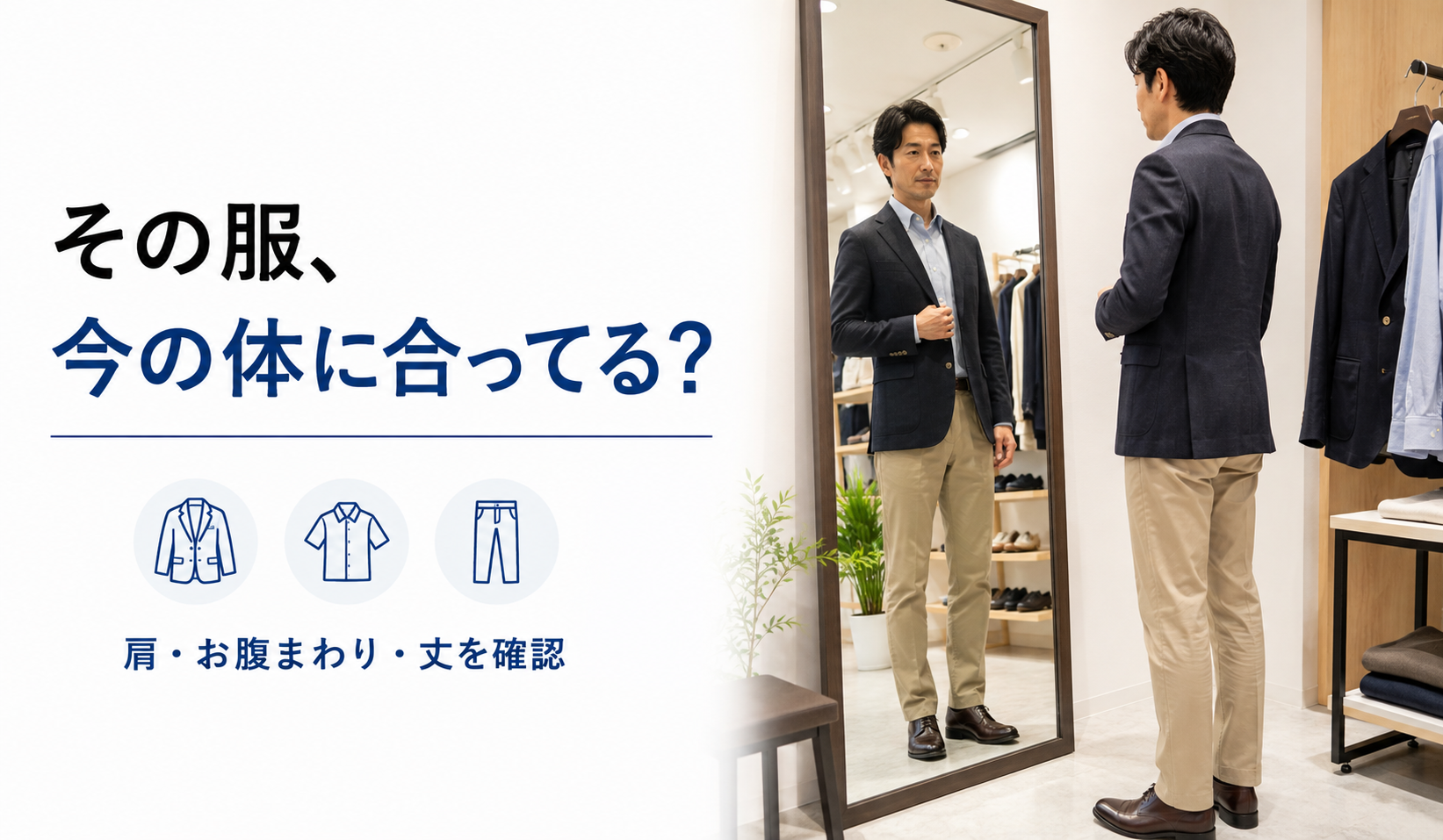婚活前に鏡で服のサイズ感を確認する40代男性の写真
