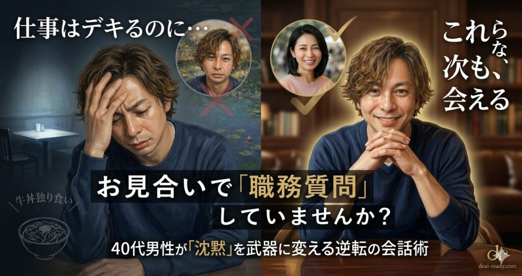 40代婚活お見合いで沈黙し職務質問になってしまう男性と、会話術で女性を笑顔にする男性のビフォーアフター比較画像