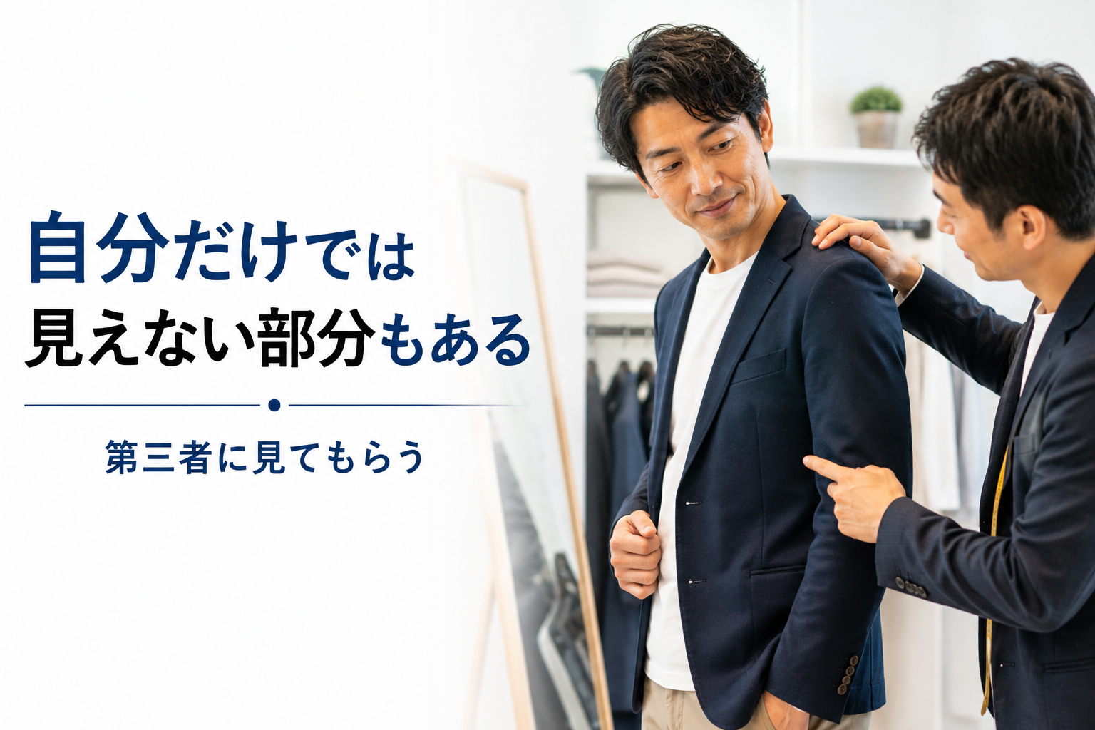 婚活の身だしなみを第三者に見てもらう40代男性の写真