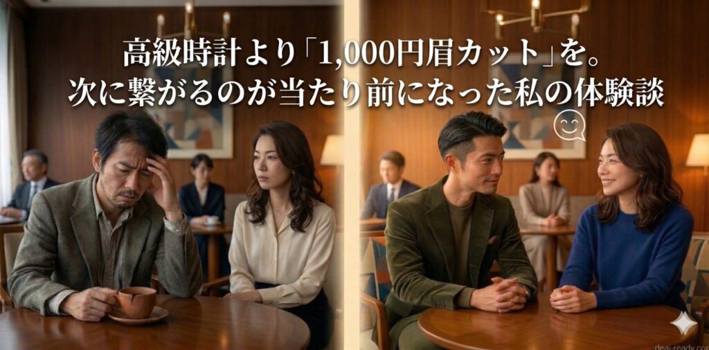 高級時計より「1,000円眉カット」を。40代婚活男性が身だしなみの減点をゼロにして女性にまた会いたくなる「清潔感」を手に入れるビフォーアフター。薄暗いカフェで絶望する男性と冷ややかな女性、明るいラウンジで笑顔で話す清潔感のあるカップルの対比。