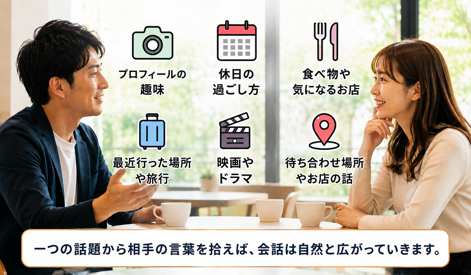 婚活の初対面で話しやすい話題のヒントを示した男女の会話シーンの画像