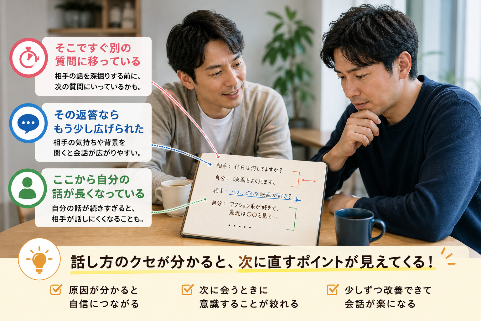 婚活の会話を第三者と振り返り話し方のクセや直すポイントを確認する男性の画像