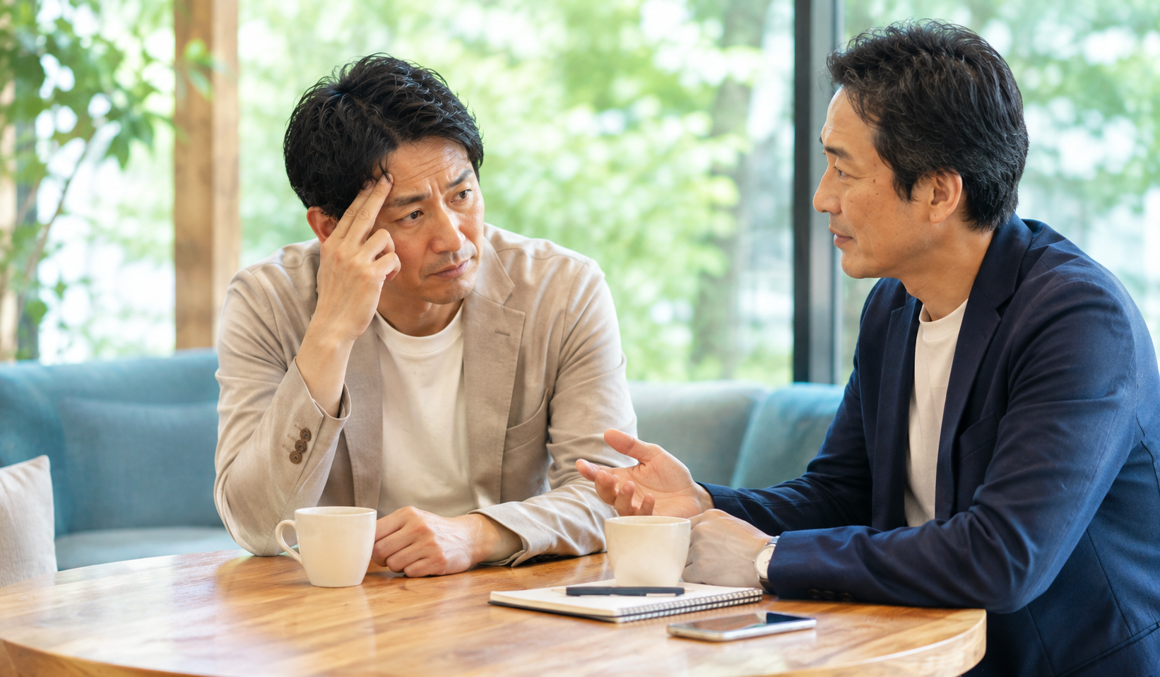 婚活で会話に詰まった原因を第三者に相談する男性の写真