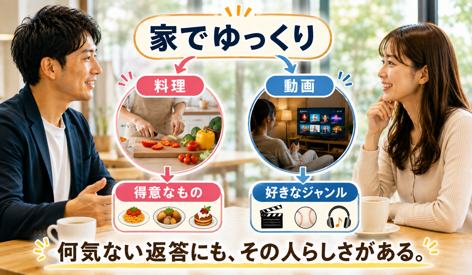 婚活で家でゆっくりという返答から料理や動画の話題へ会話を広げる画像
