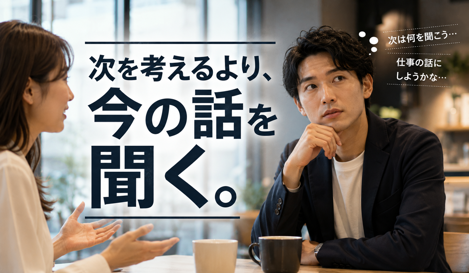 婚活で次の話題を考えすぎず目の前の相手の話を聞く男性の写真