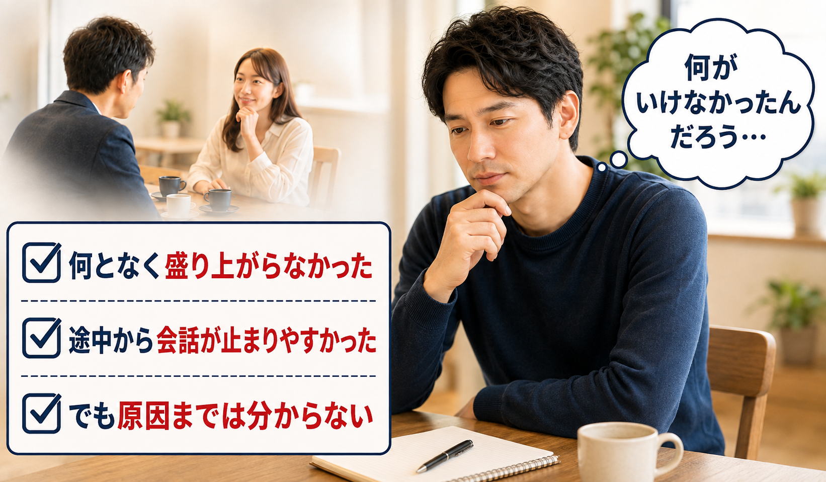 婚活後に会話がうまくいかなかった原因を一人で振り返る男性の画像