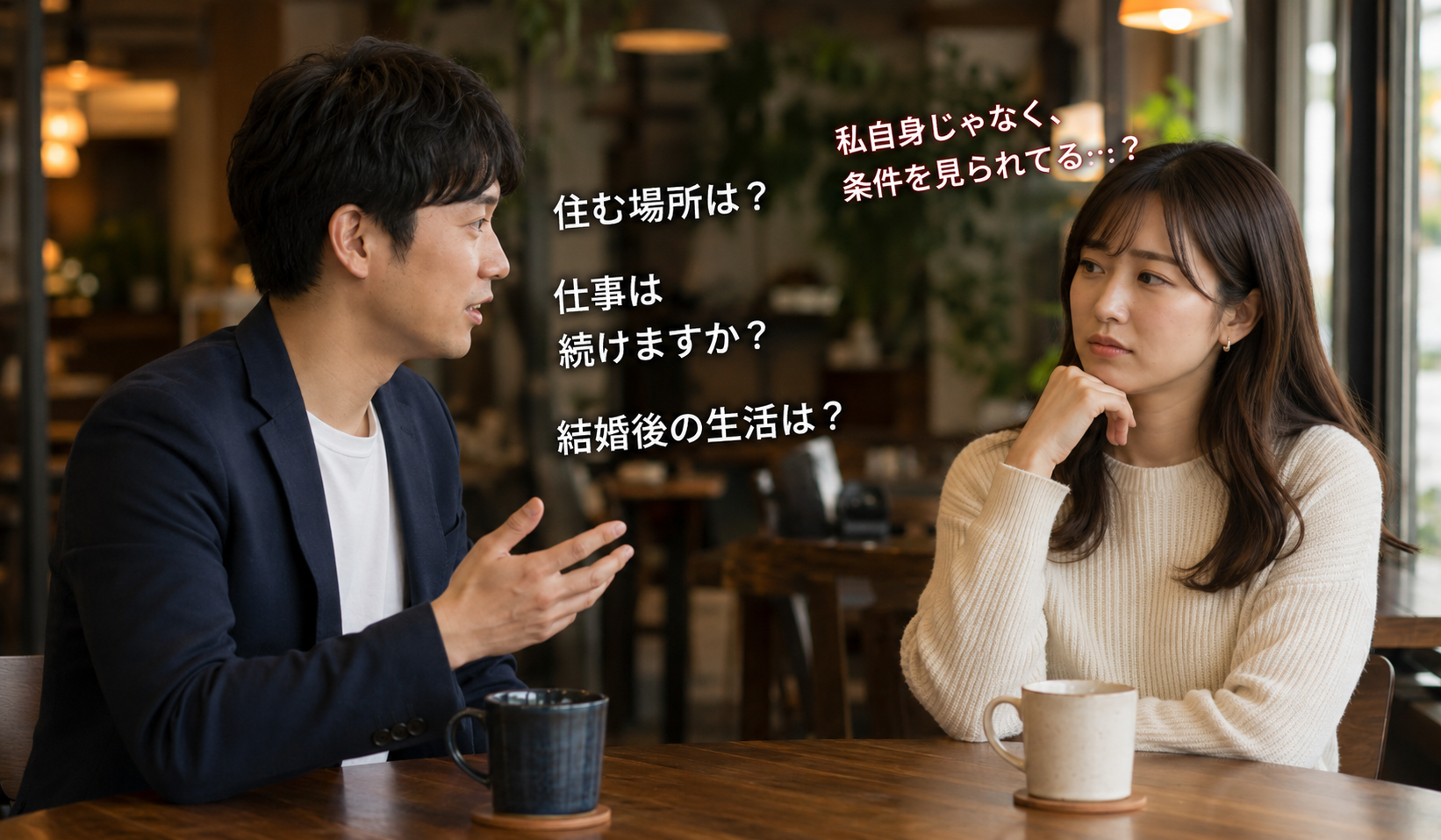 婚活の初対面で住む場所や仕事など条件確認が続き相手が距離を感じている写真