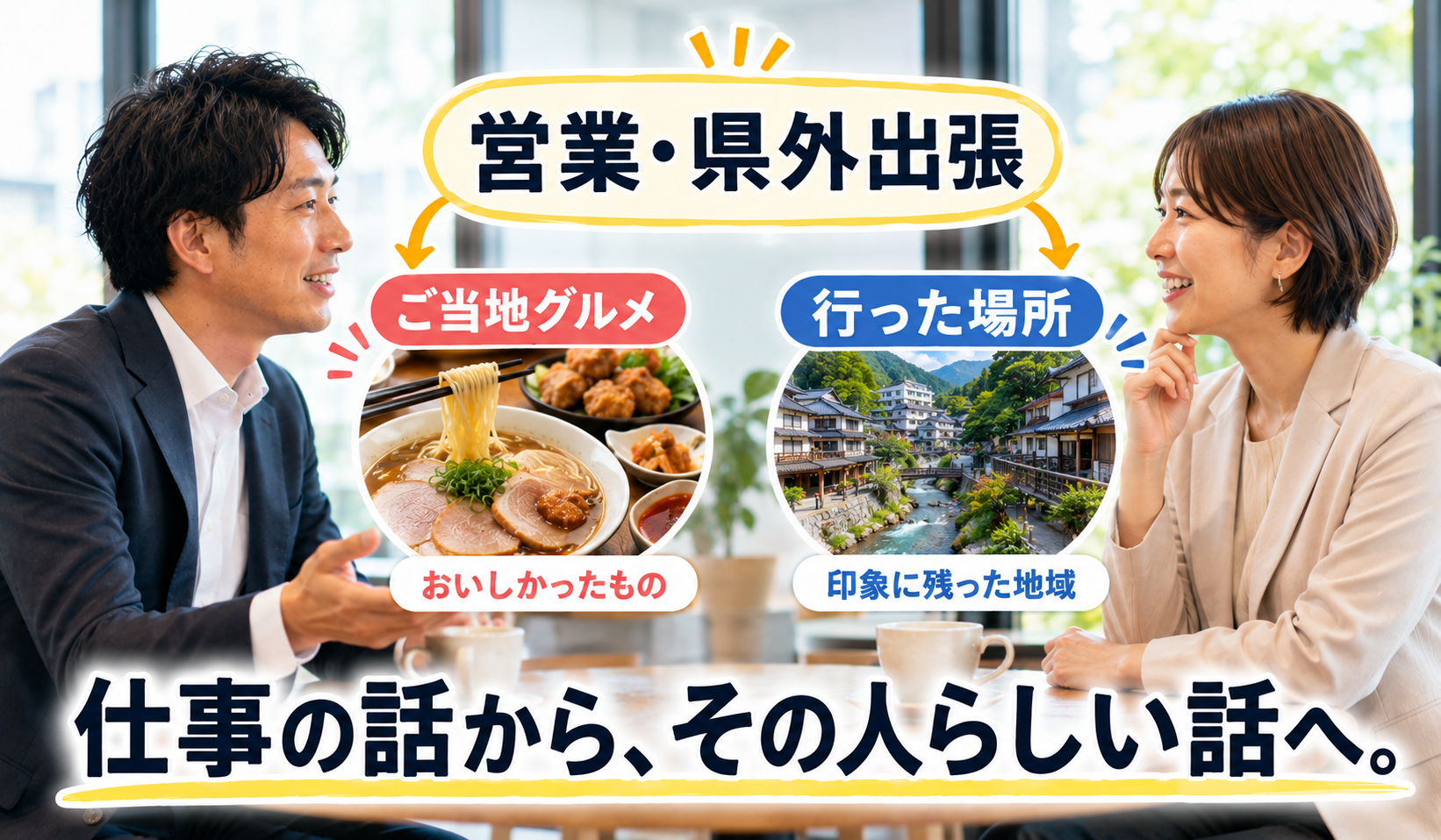 婚活で仕事の話からご当地グルメや行った場所へ会話を広げる画像