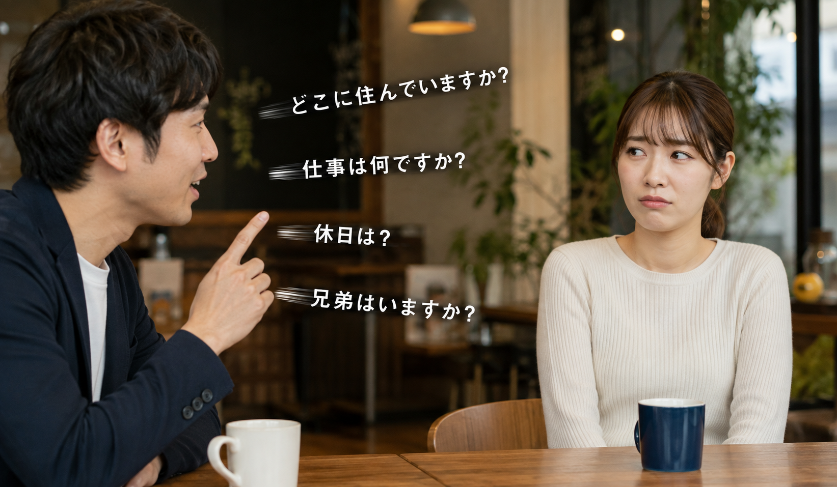 婚活の初対面で質問を続けすぎて相手をうんざりさせている男性の写真