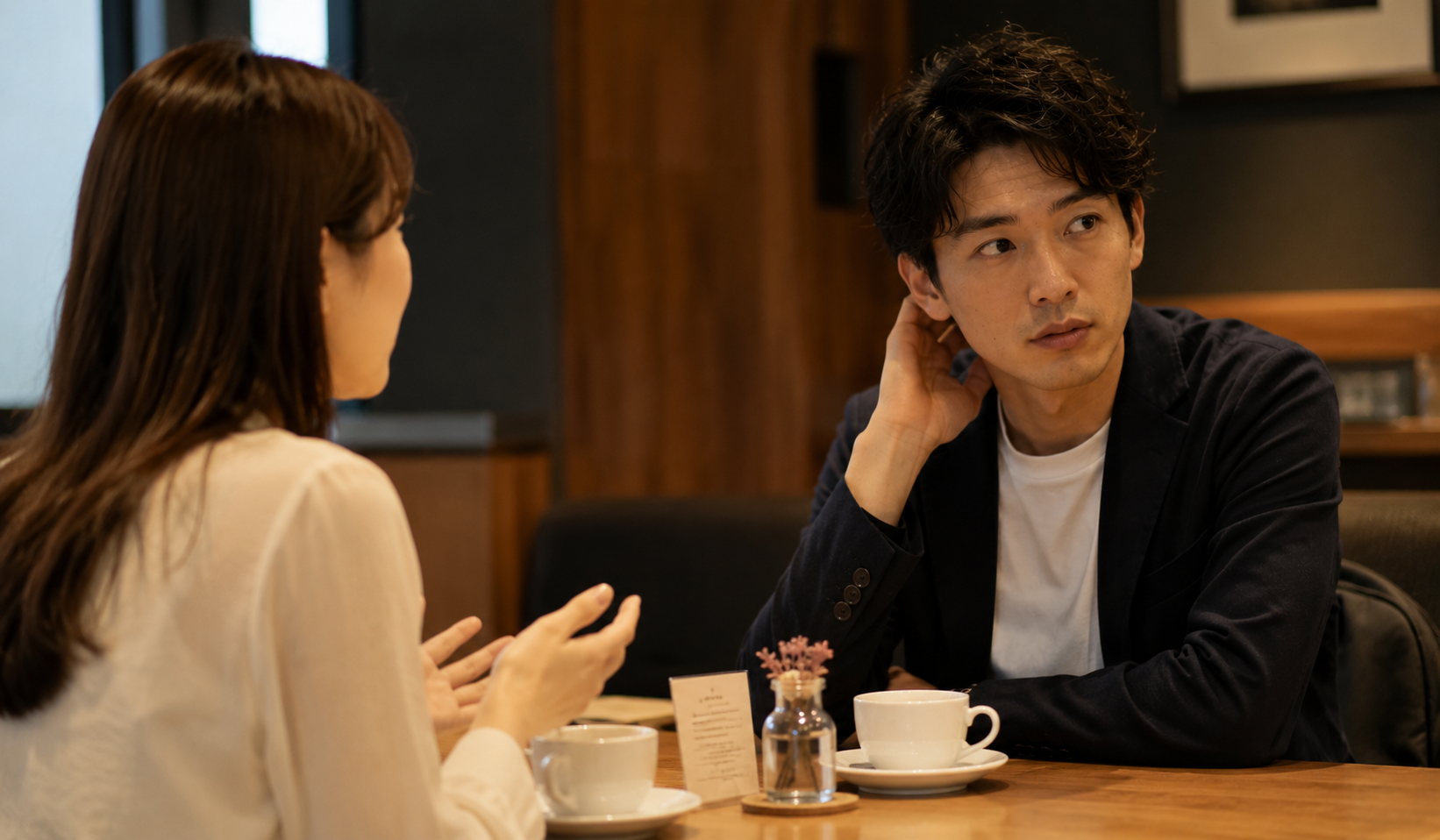 婚活の会話中に沈黙を気にして少し焦っている男性の写真