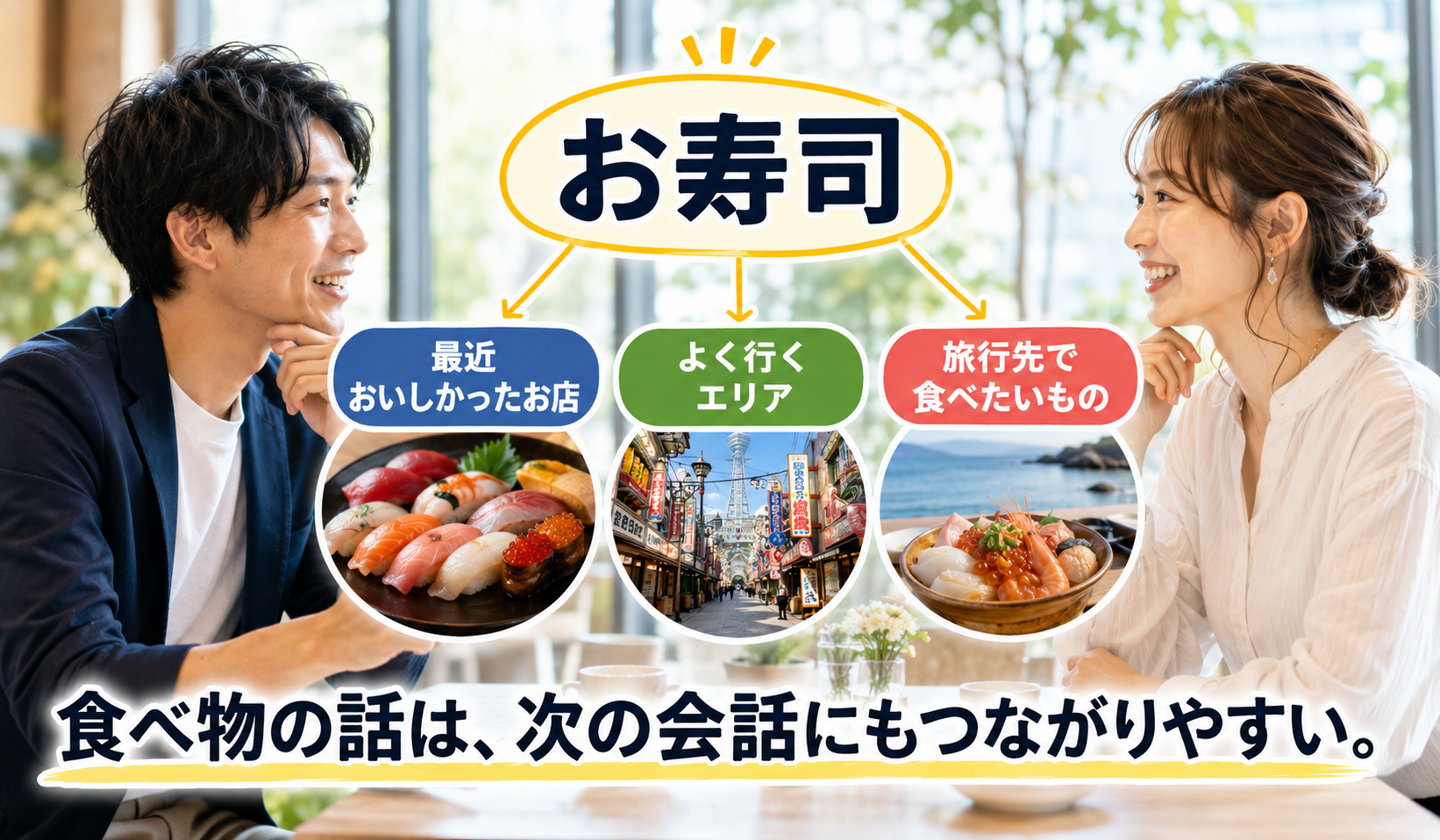 婚活でお寿司の話題からお店やエリアや旅行先の食べ物へ会話を広げる男女の画像