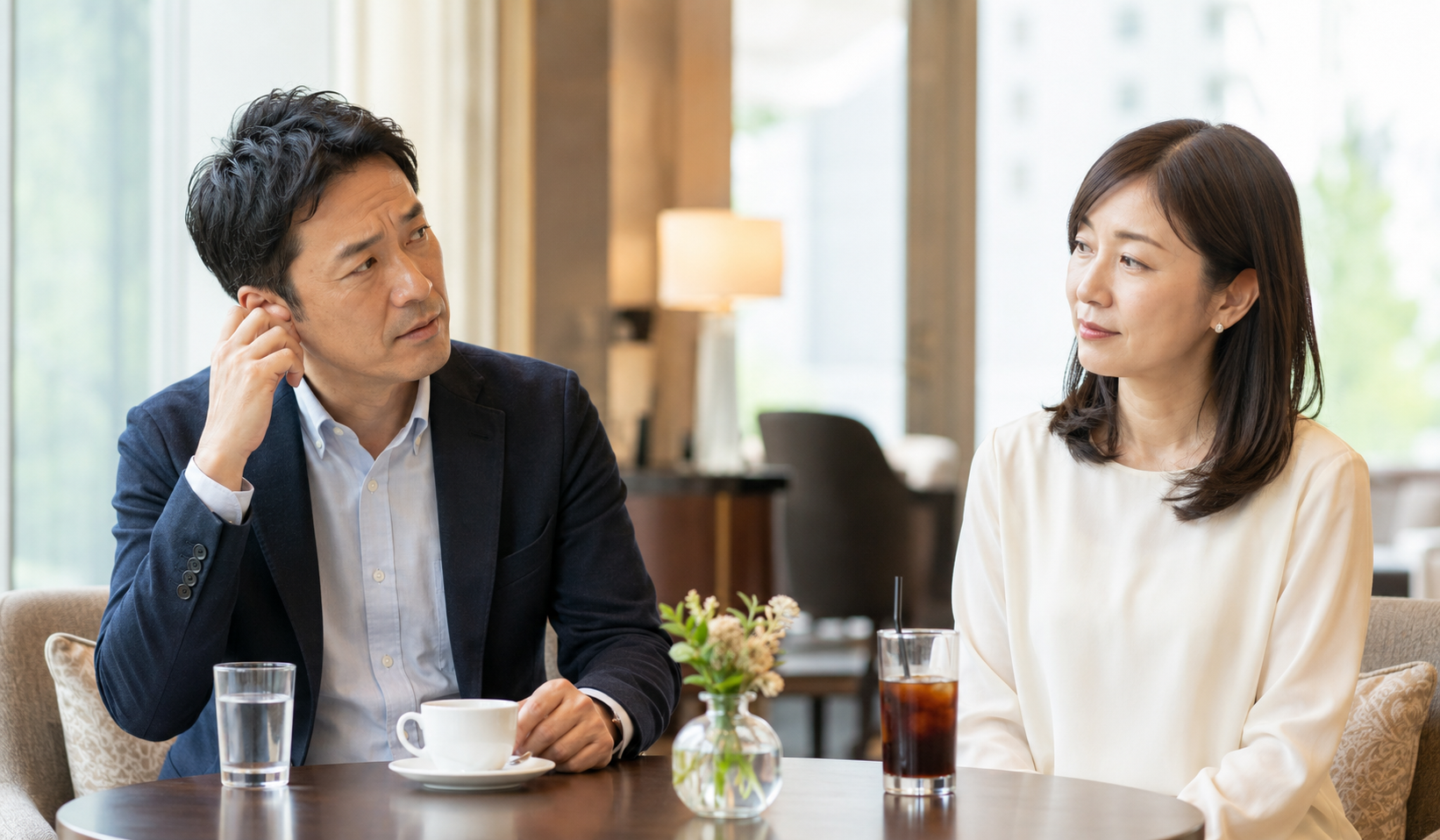 婚活で会話がうまく続かず静かな空気になっている男女の写真