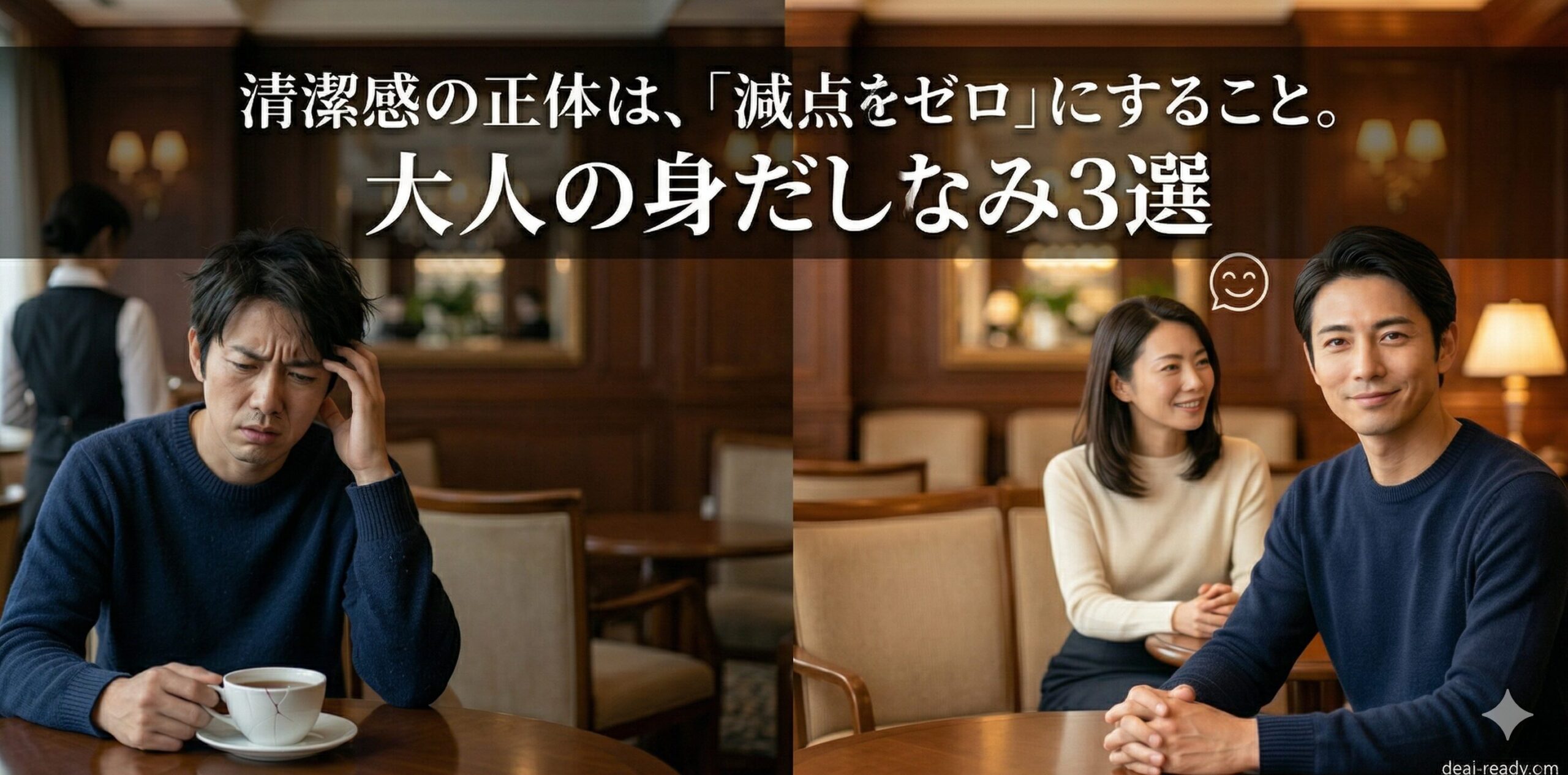 大人の身だしなみを考える男性と身だしなみが完璧な男性の比較イメージ写真