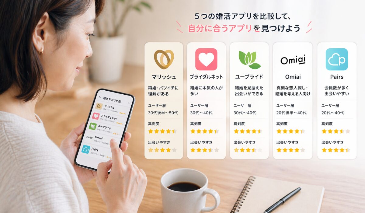 5つの婚活アプリを比較しながら、40代向けに自分に合うアプリを探しているイメージ画像