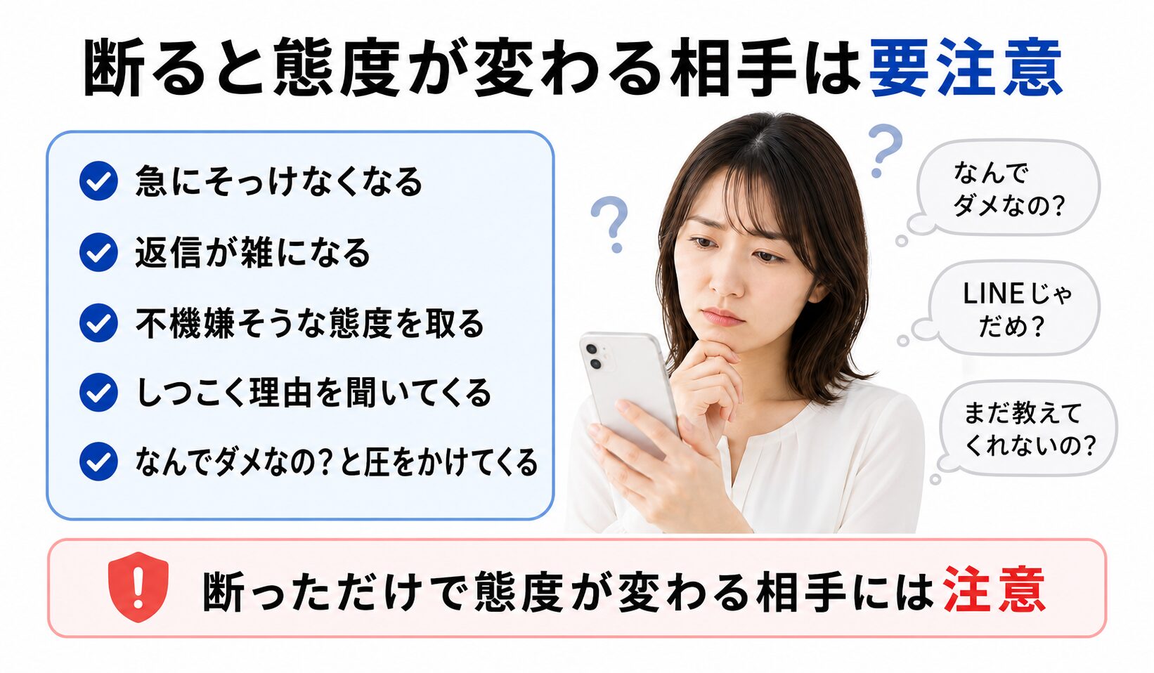 マッチングアプリでLINE交換を断ったあとに態度が変わる相手へ注意を促すイメージ