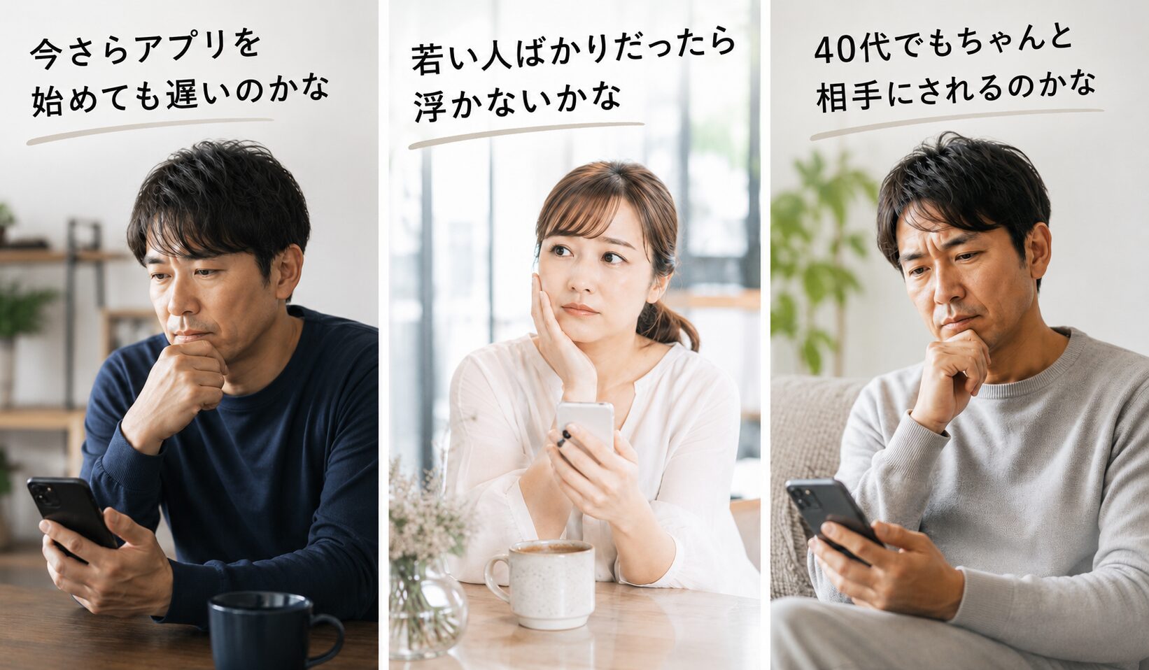 40代で婚活アプリを始めることに不安を感じる男女の様子
