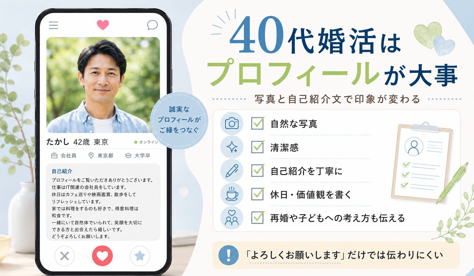 マリッシュを使う40代男性向けにプロフィール作成のポイントをまとめたイメージ画像