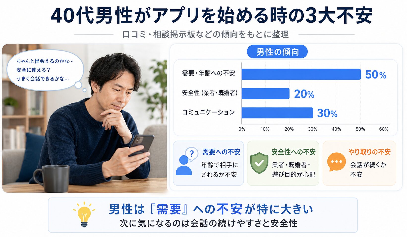 40代男性がマッチングアプリを始める時の3大不安をまとめた画像
