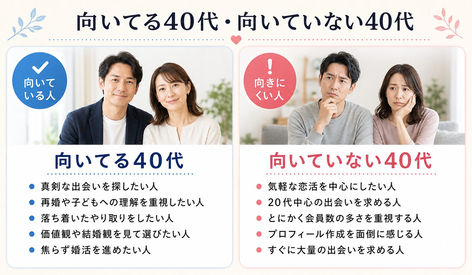 マリッシュが向いている40代と向いていない40代の特徴を比較した図解