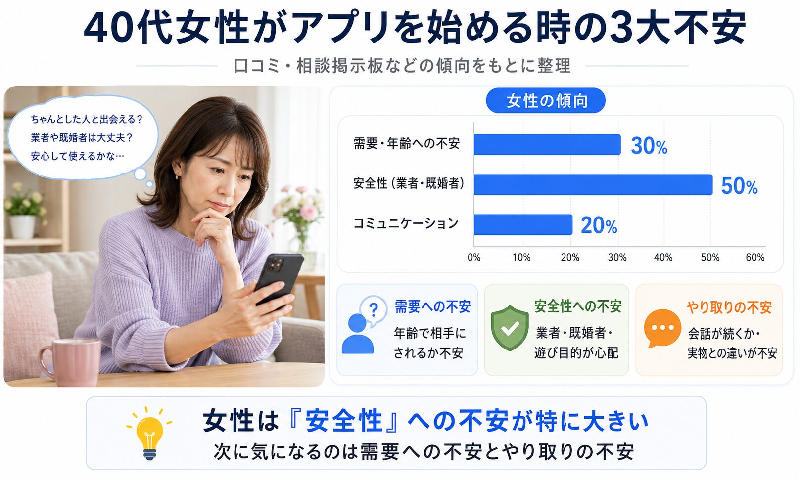 40代女性がマッチングアプリを始める時の3大不安をまとめた画像