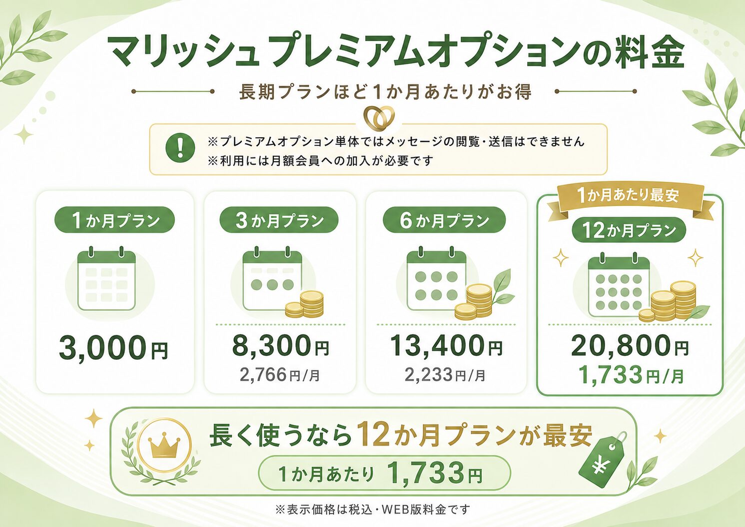 マリッシュのプレミアムオプション料金を1か月・3か月・6か月・12か月プランで比較した画像
