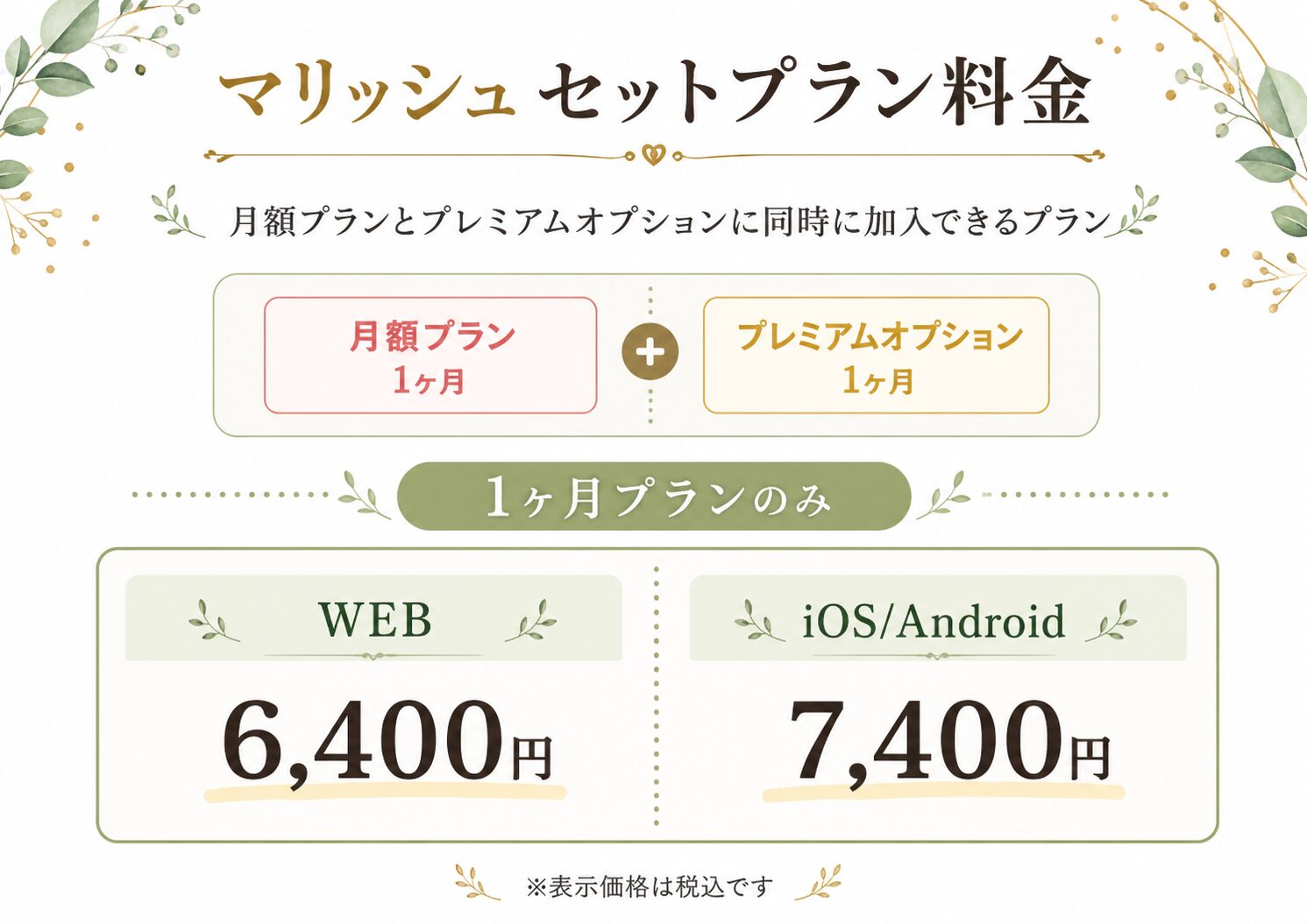 マリッシュのセットプラン料金をWEB版とiOS・Android版で比較した画像