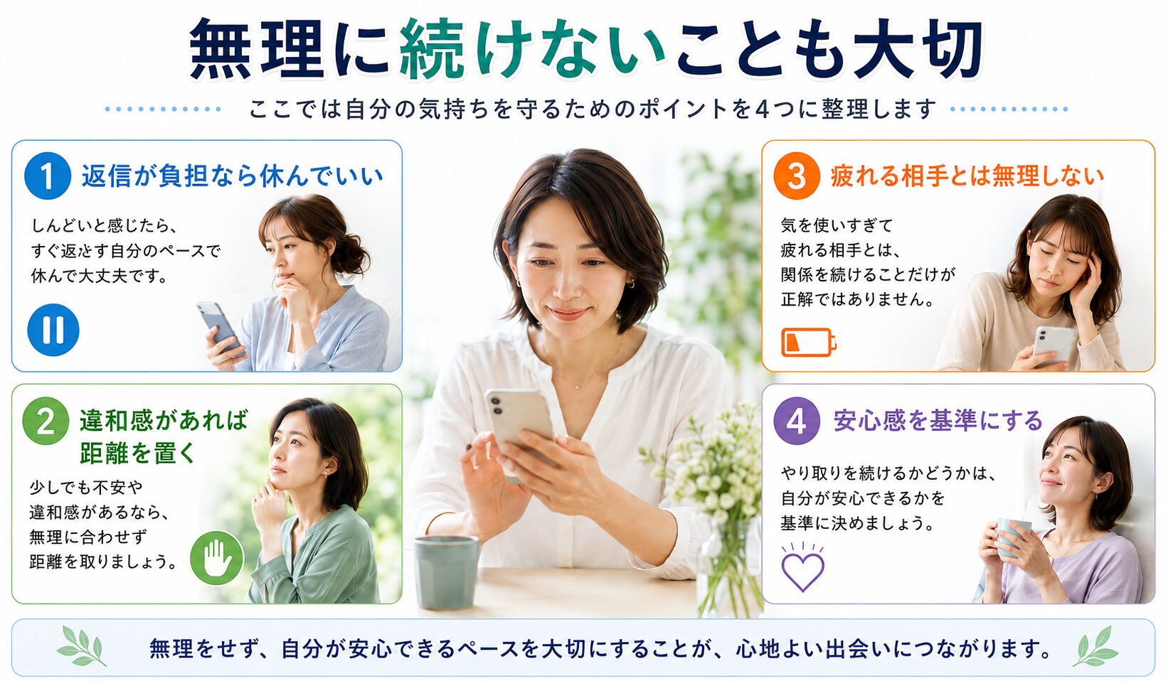 マッチングアプリで無理にやり取りを続けないためのポイントを、返信が負担なら休んでいい・違和感があれば距離を置く・疲れる相手とは無理しない・安心感を基準にするの4つでまとめた図解