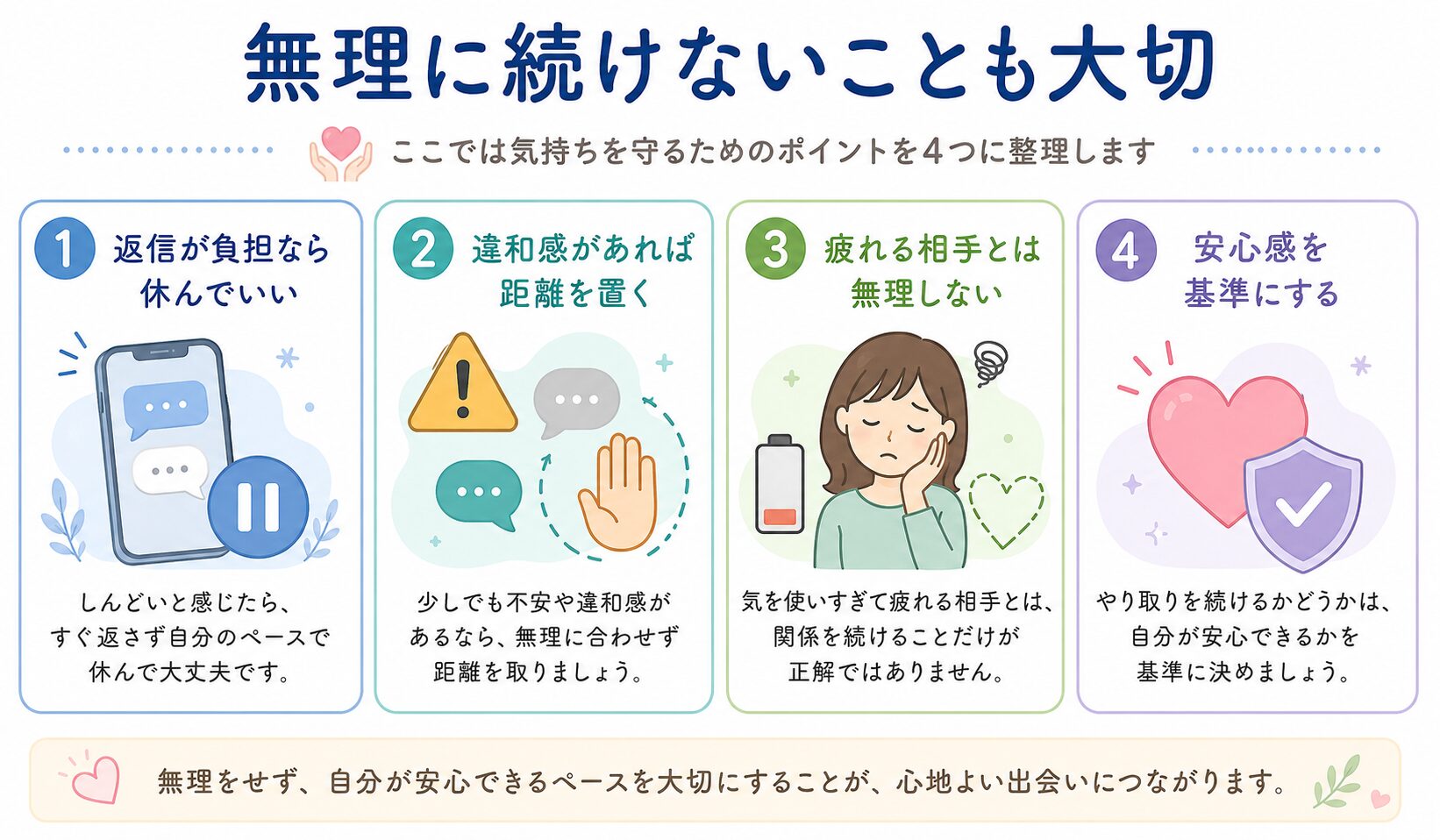 マッチングアプリで無理にやり取りを続けないためのポイントを、返信が負担なら休んでいい・違和感があれば距離を置く・疲れる相手とは無理しない・安心感を基準にするの4つでまとめた図解