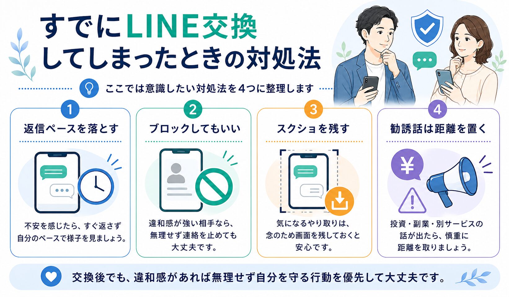 マッチングアプリですでにLINE交換してしまったときの対処法を、返信ペースを落とす・ブロックしてもいい・スクショを残す・勧誘話は距離を置くの4つでまとめた図解
