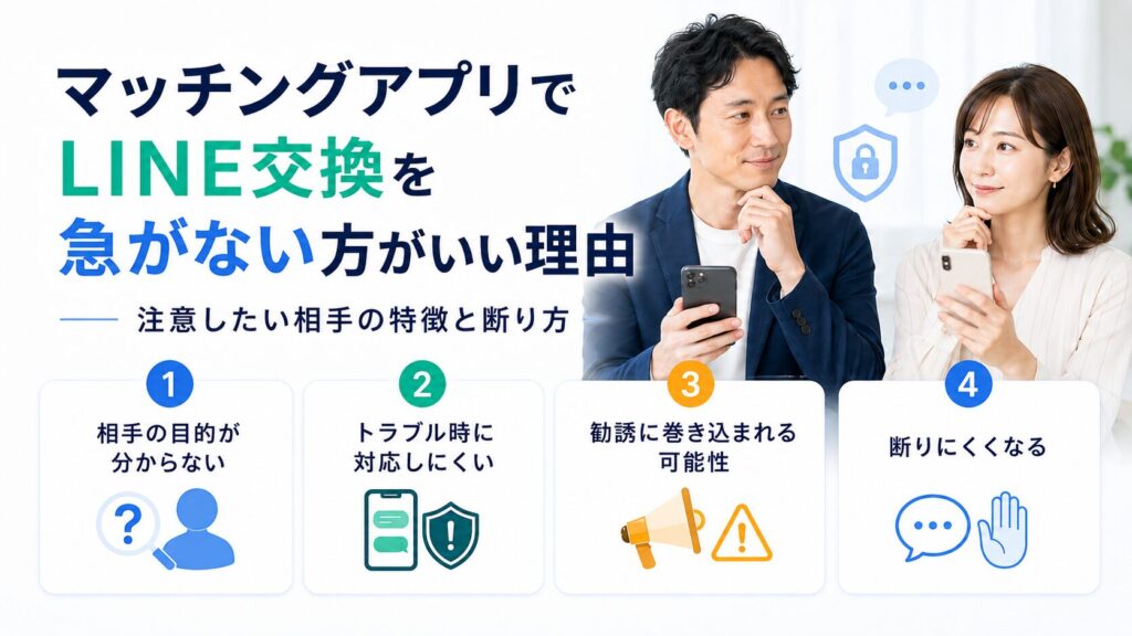 マッチングアプリでLINE交換を急がない方がいい理由と注意したい相手の特徴、断り方を紹介するアイキャッチ画像