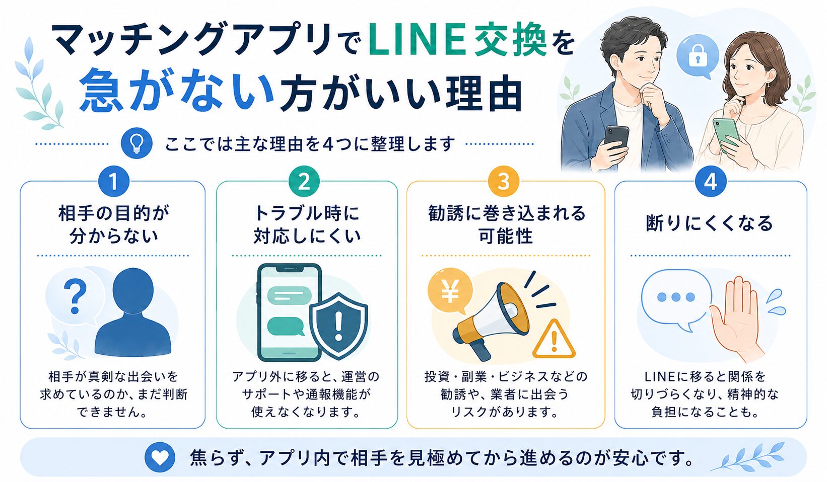 マッチングアプリでLINE交換を急がない方がいい理由を、相手の目的・トラブル対応・勧誘リスク・断りにくさの4つでまとめた図解