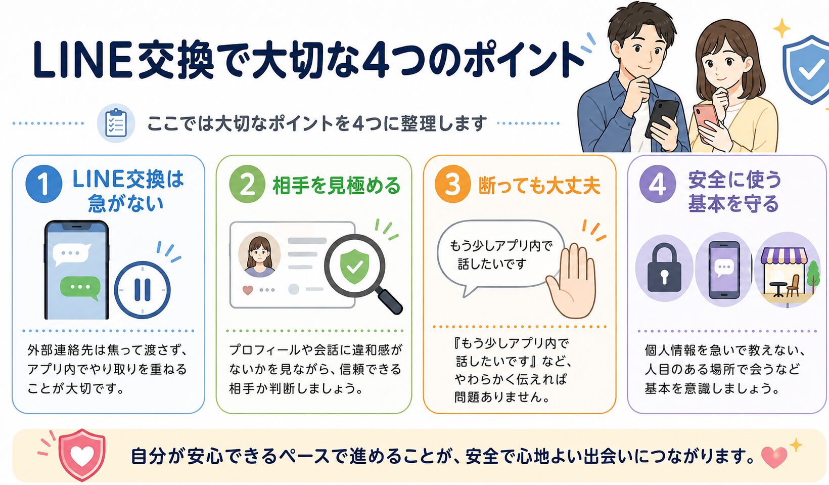 マッチングアプリでのLINE交換について大切な4つのポイントを、急がない・相手を見極める・断っても大丈夫・安全に使う基本を守るの4項目でまとめた図解