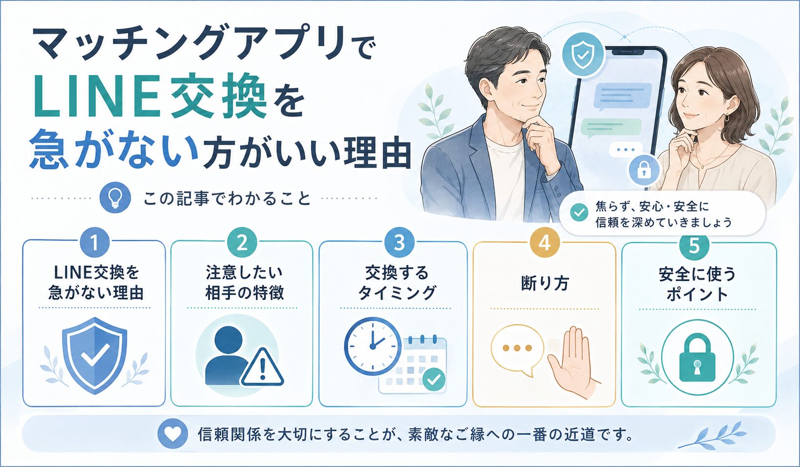 マッチングアプリでLINE交換を急がない方がいい理由や注意点、交換のタイミング、断り方、安全に使うポイントをまとめた図解