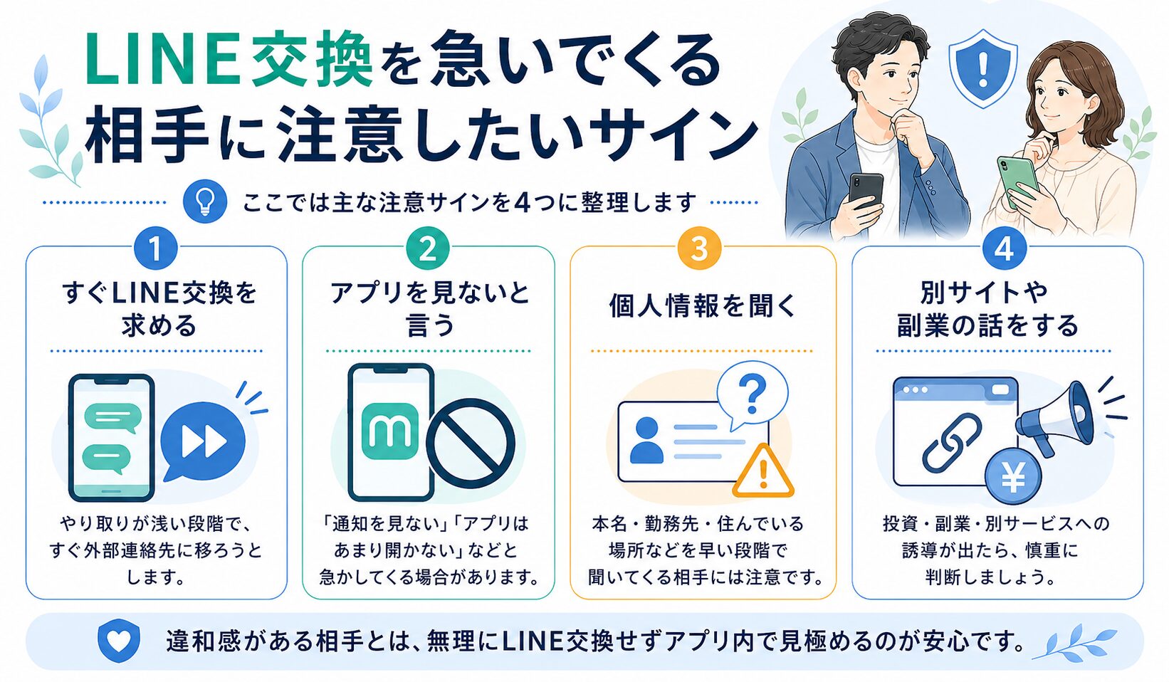 マッチングアプリでLINE交換を急いでくる相手に注意したいサインを、すぐLINE交換を求める・アプリを見ないと言う・個人情報を聞く・別サイトや副業の話をするの4つでまとめた図解
