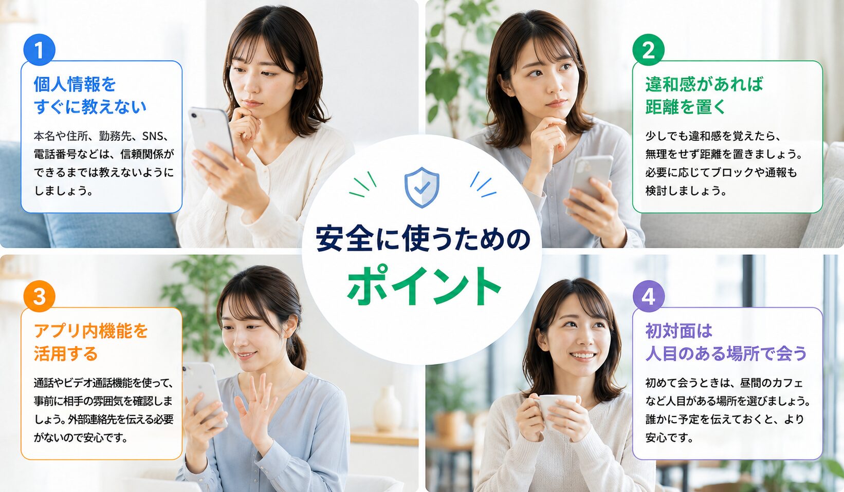マッチングアプリを安全に使うためのポイントを、個人情報をすぐ教えない・違和感があれば距離を置く・アプリ内機能を使う・初対面は人目のある場所の4つでまとめた図解