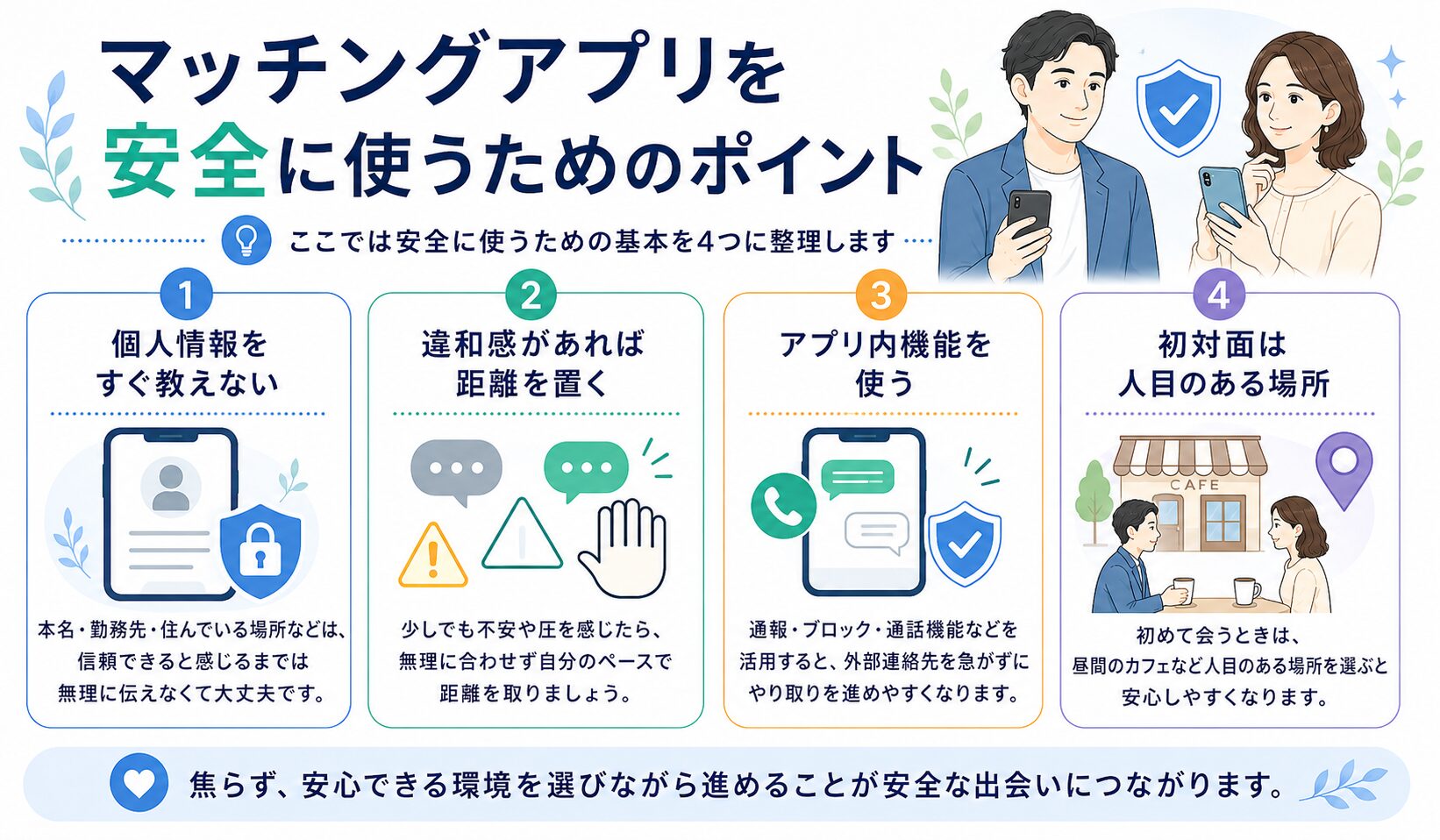 マッチングアプリを安全に使うためのポイントを、個人情報をすぐ教えない・違和感があれば距離を置く・アプリ内機能を使う・初対面は人目のある場所の4つでまとめた図解