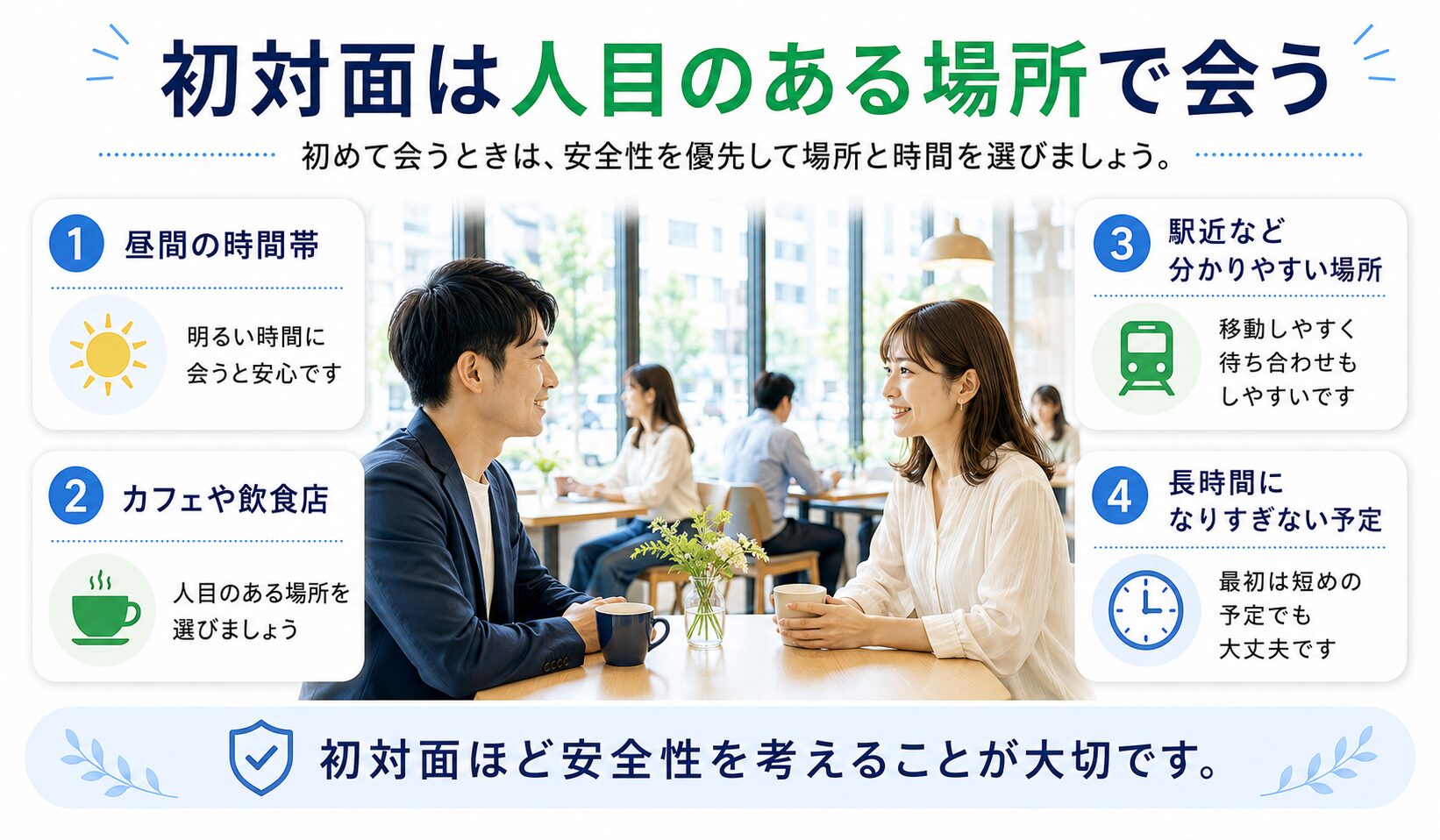 マッチングアプリで初対面は人目のある場所で会うポイントを紹介する実写イメージ画像