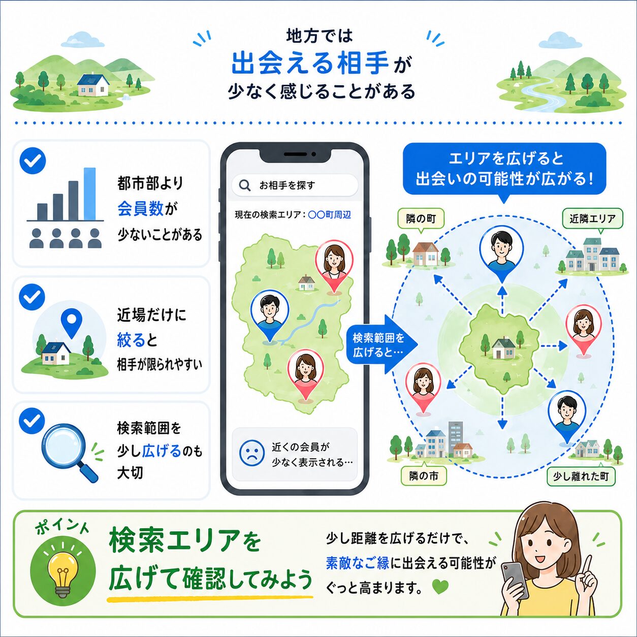 ユーブライドで地方では出会える相手が少なく感じる場合に検索エリアを広げて確認するポイントを説明した画像