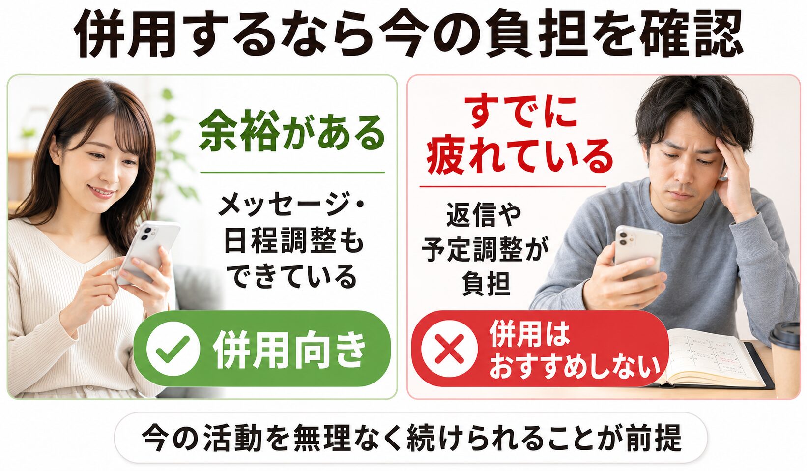 ブライダルネットと結婚相談所の併用が向いている人とおすすめしない人の違いを示した比較画像
