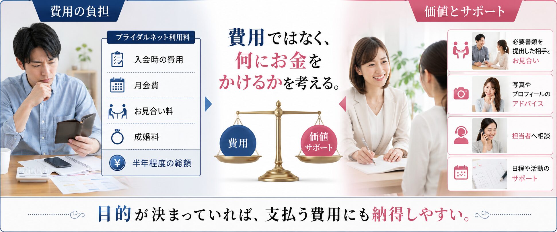 ブライダルネットと結婚相談所の併用で増える費用と得られる価値やサポート内容を比較した画像