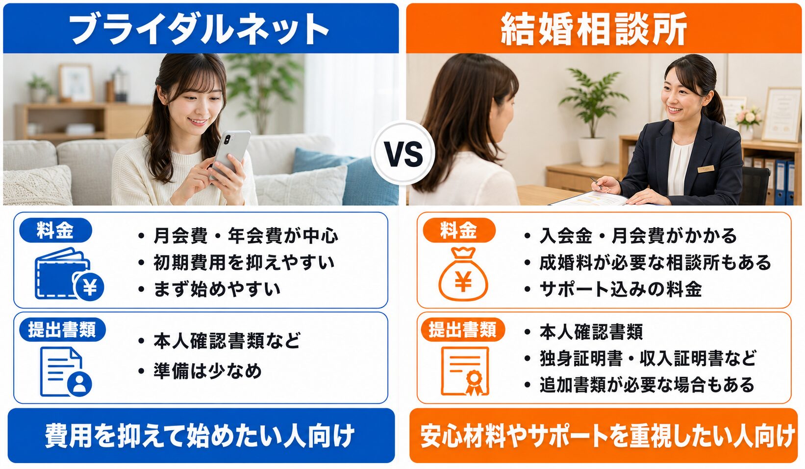 ブライダルネットと結婚相談所の料金と提出書類の違い