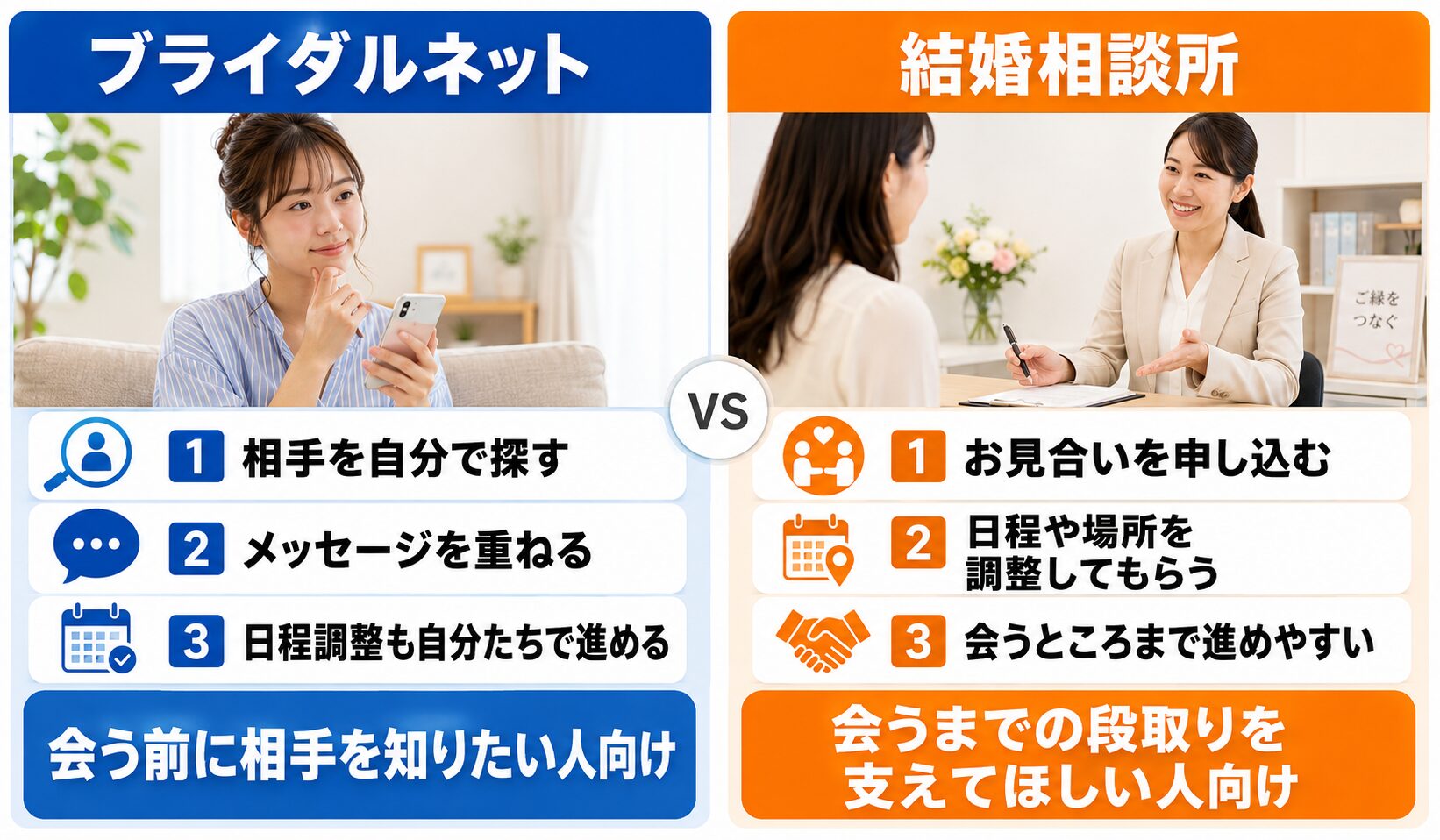 ブライダルネットと結婚相談所の会うまでの流れの違いのイメージ画像
