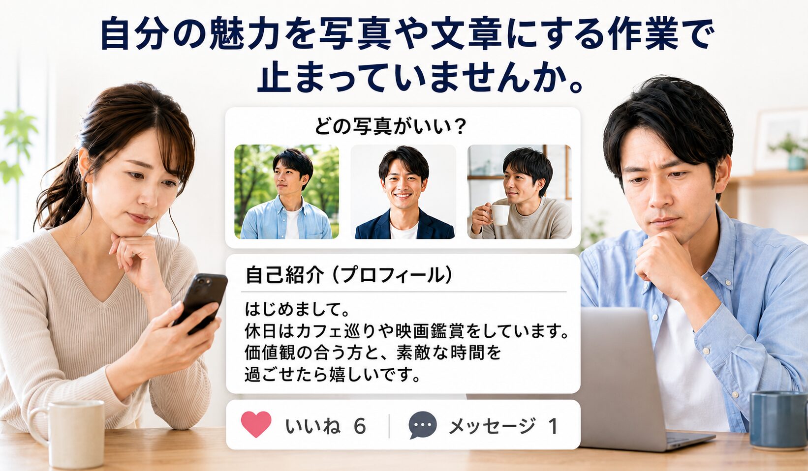 マッチングアプリの写真選びとプロフィール作成に悩む男女のイメージ画像
