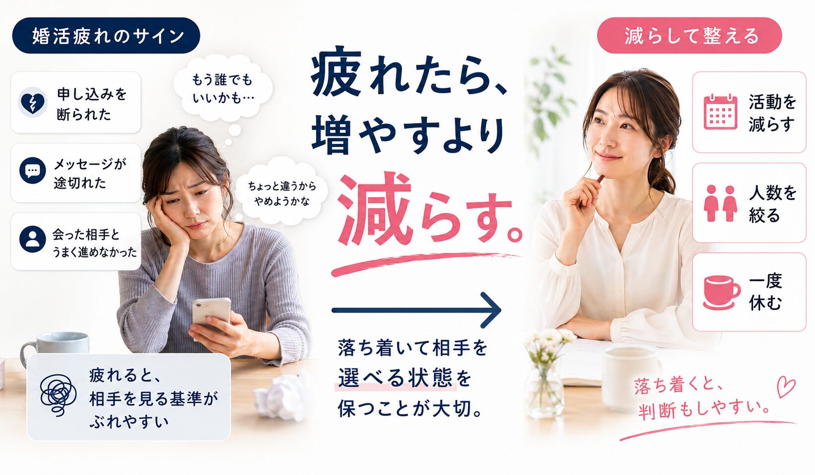婚活に疲れたときは活動や予定、やり取りする人数を減らして落ち着きを取り戻すことを示した画像
