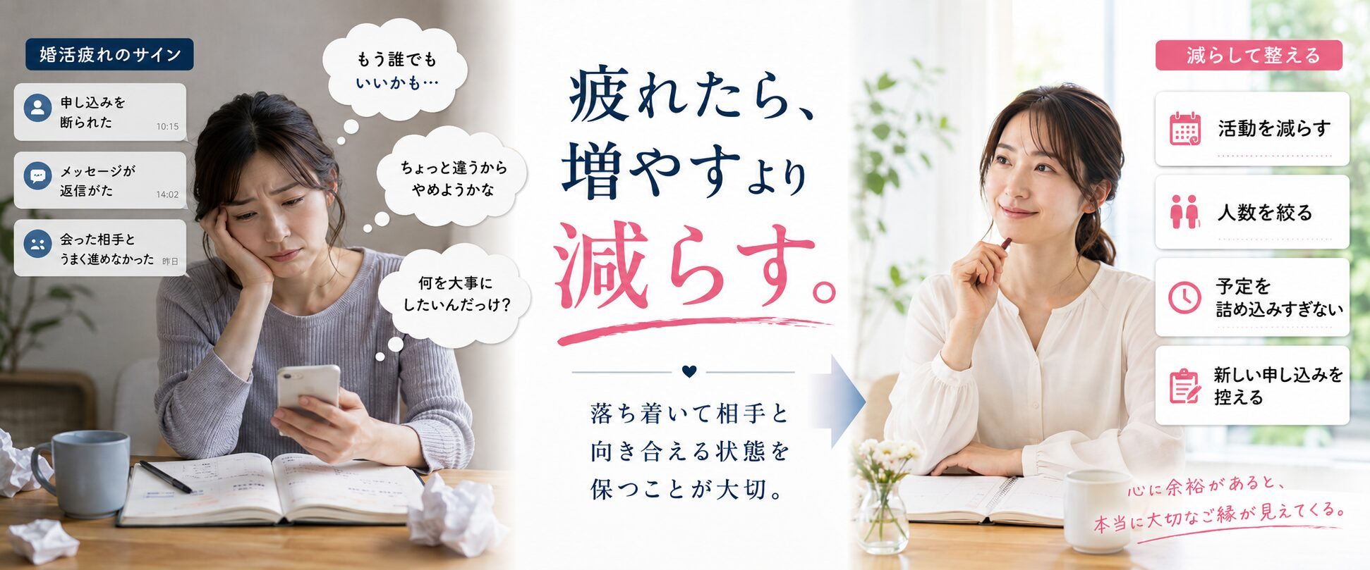婚活に疲れたときは活動や予定、やり取りする人数を減らして落ち着きを取り戻すことを示した画像