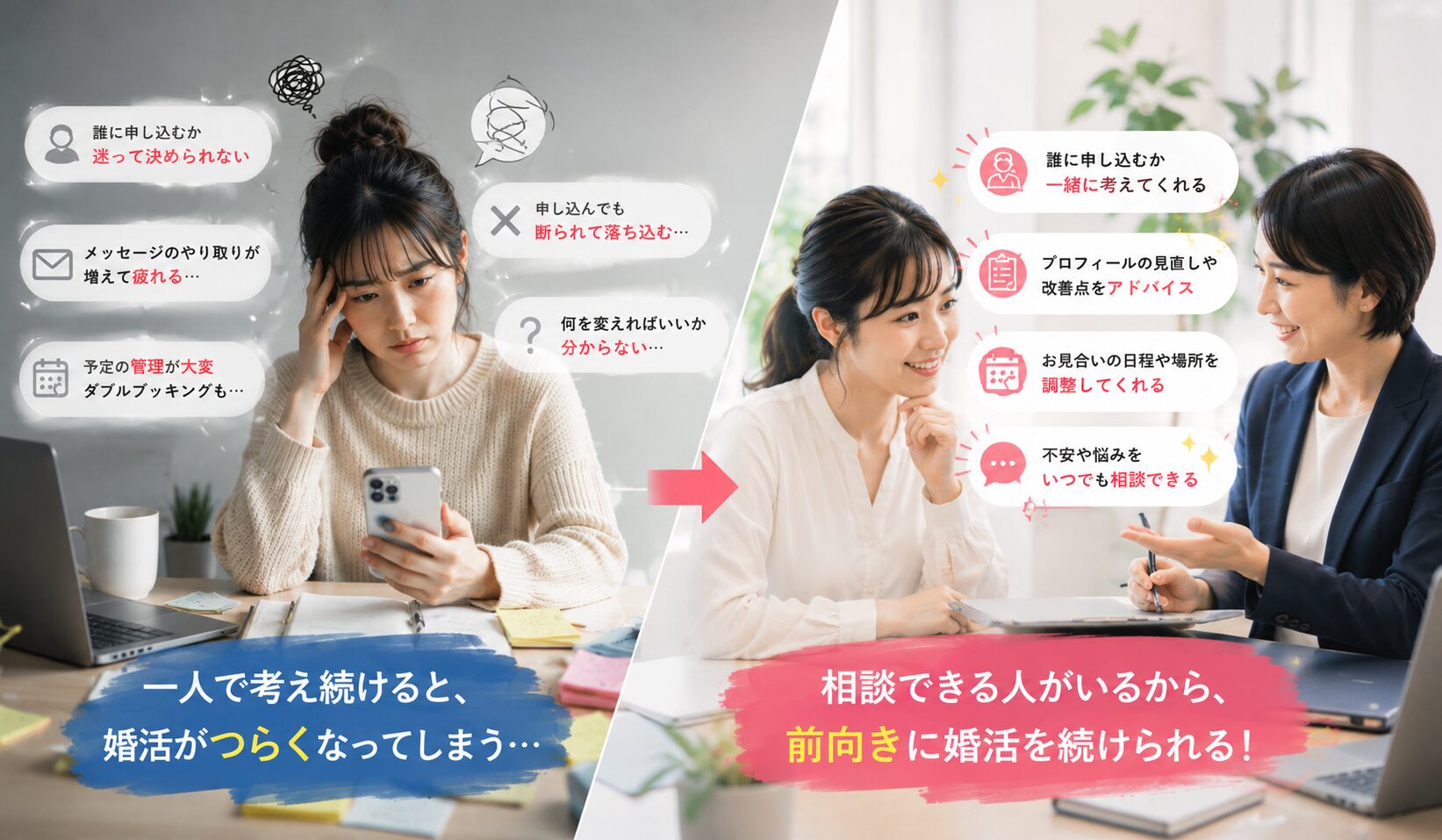 婚活を一人で進める疲れと相談しながら進められる安心感を比較した画像