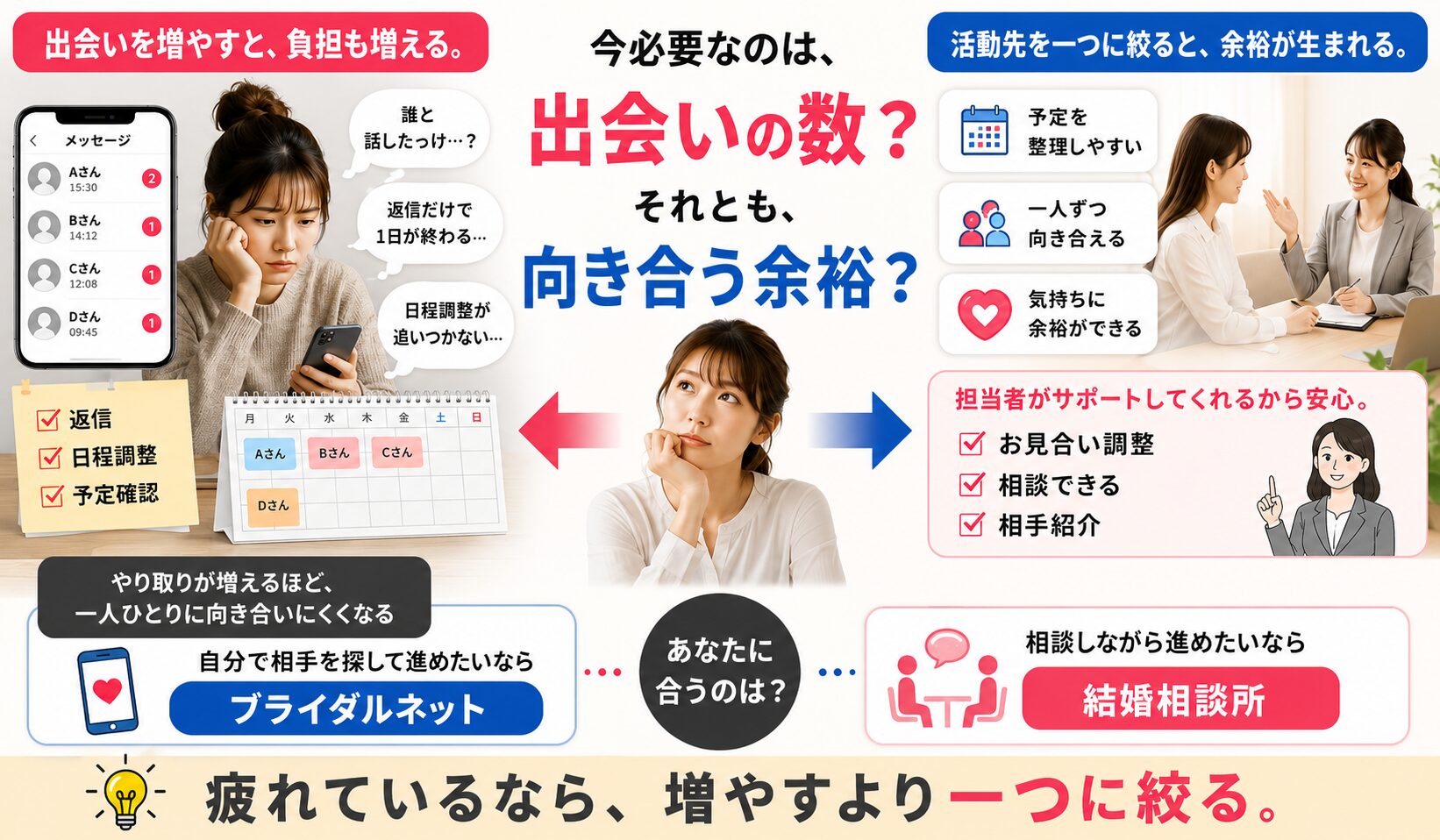 ブライダルネットと結婚相談所のどちらが合うかを、出会いの数と向き合う余裕で比較したイメージ画像