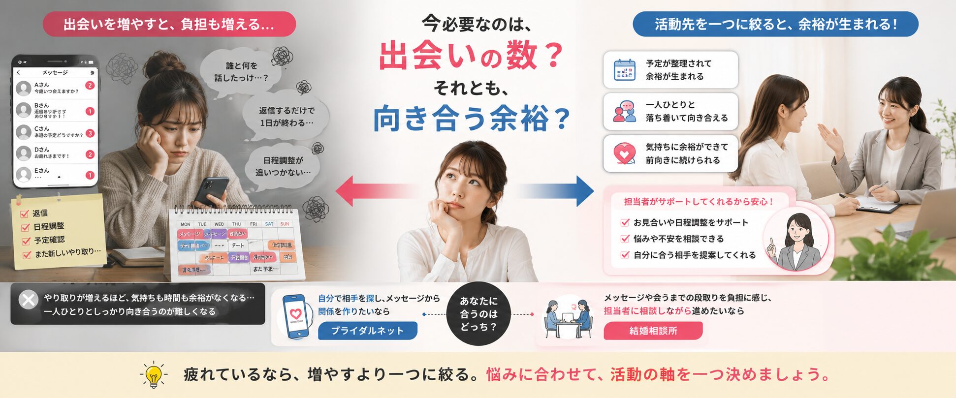 メッセージや予定の管理に疲れた人が出会いを増やすより活動先を一つに絞る考え方を示した画像