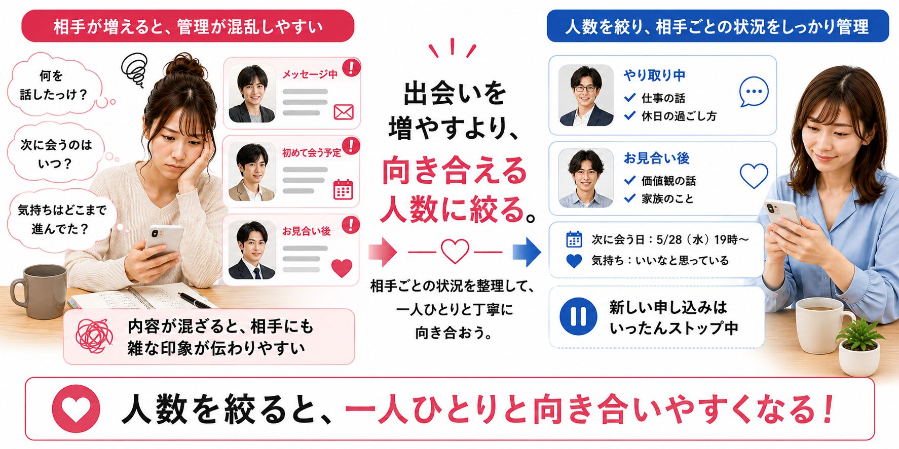 やり取りする相手を増やしすぎた状態と人数を絞って相手ごとの状況を整理する状態を比較した画像
