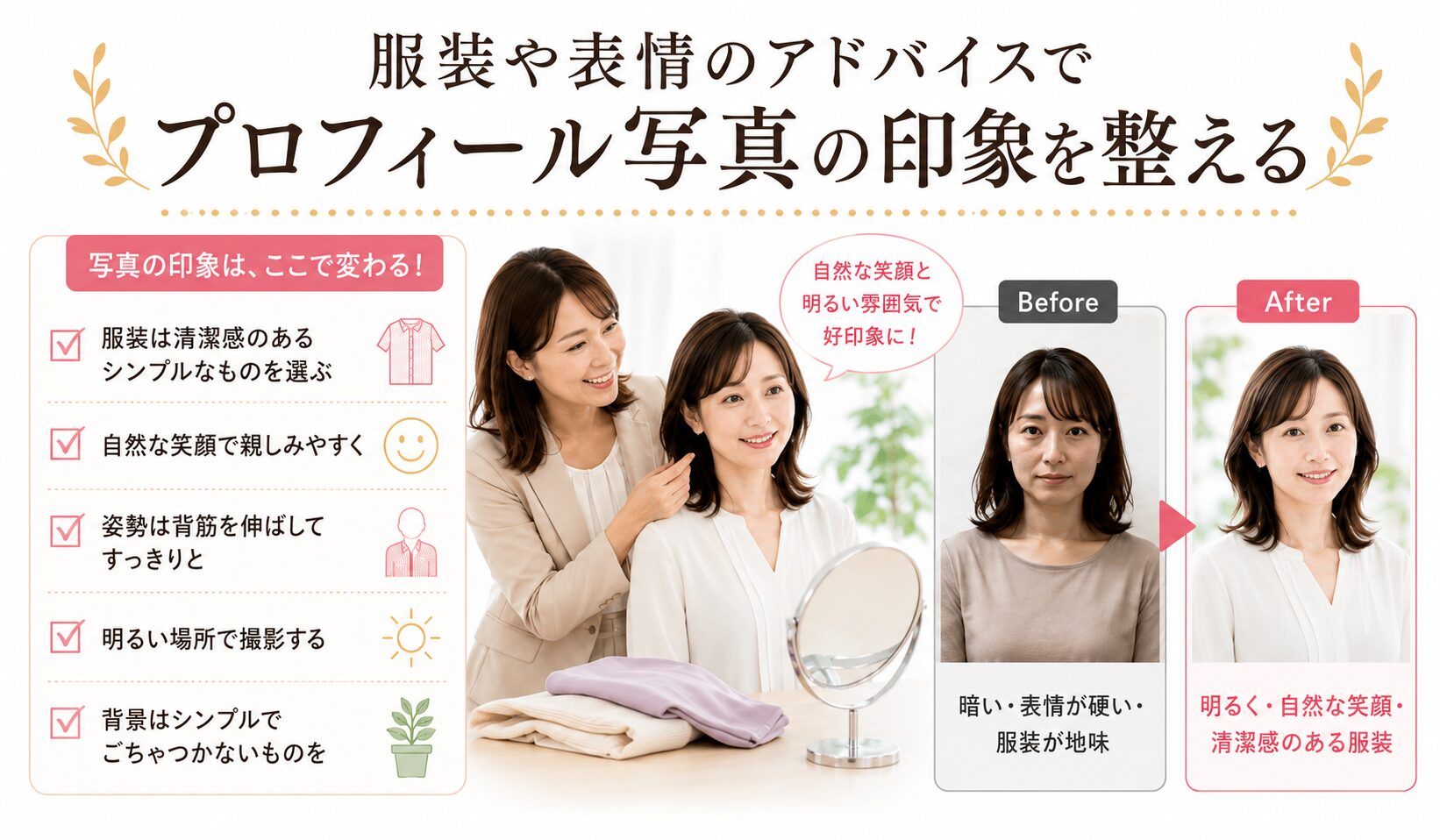 結婚相談所で服装や表情のアドバイスを受けてプロフィール写真の印象を整える流れのイメージ写真
